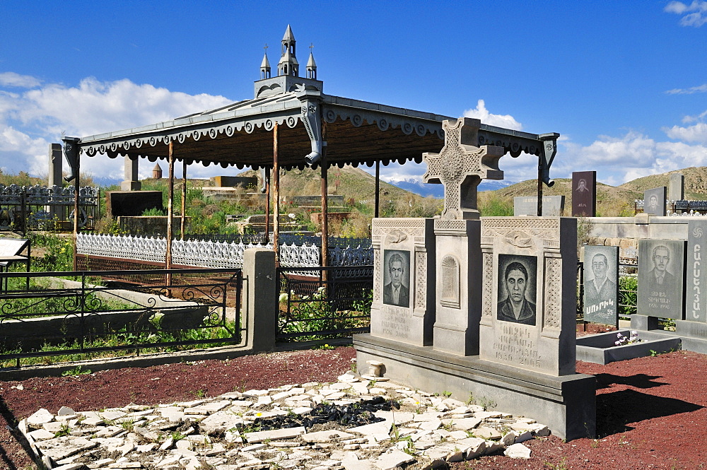 Typical Armenian cemetry, grave, at Khor Virap monastery, Armenia, Asia