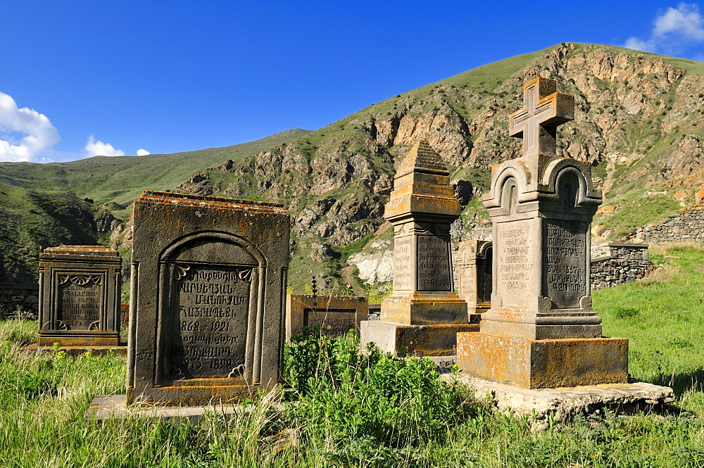 Old cemetery, gravestones at Vorotnavank monastery, Vorotan Valley, Armenia, Asia