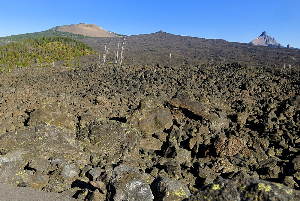 Lava landscape with Mount Washington volcano and Belknap Crater, McKenzie Pass, Cascade Range, Oregon, USA