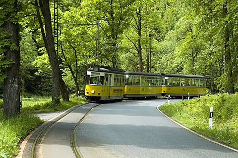 Tram in Kirnitschtal Valley, Saxon Switzerland, Elbsandsteingebirge, Elbe Sandstone Mountains, Saxony, Germany