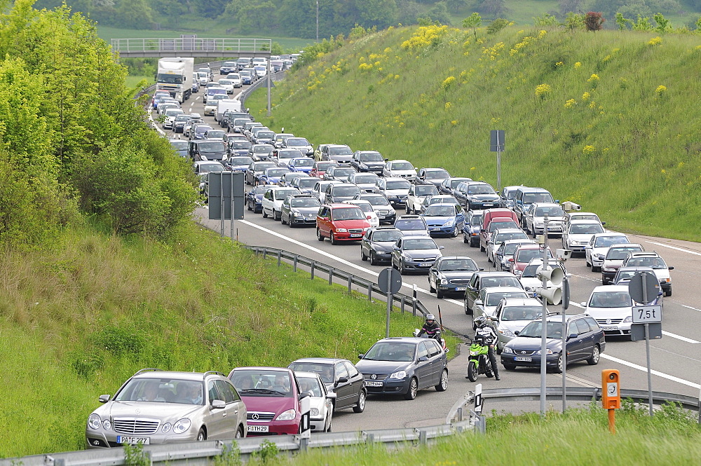 Traffic jam on the A 81 Leonberg-Heilbronn before Engelberg tunnel after an accident, Baden-Wuerttemberg, Germany, Europe