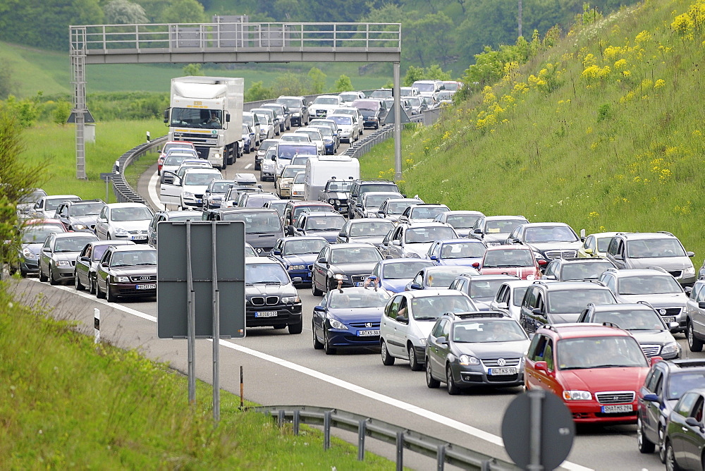 Traffic jam on the A 81 Leonberg-Heilbronn before Engelberg tunnel after an accident, Baden-Wuerttemberg, Germany, Europe