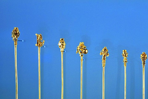 Pre-Columbian goldwork collection, hairpins, Gold Museum, Museo del Oro, Bogota, Colombia, South America