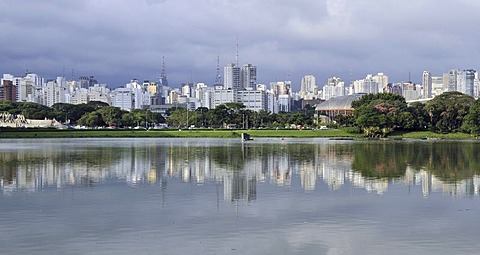 Panoramic view from the Parque de Ibirapuera park on the high-rise buildings of the Zona Sul, Sao Paulo, Brazil, South America