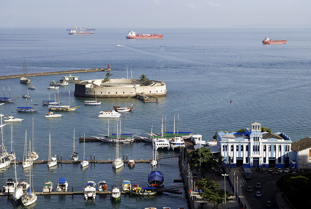 View of the defensive fortification Forte Sao Marcelo and docks, Salvador, Bahia, UNESCO World Heritage Site, Brazil, South America