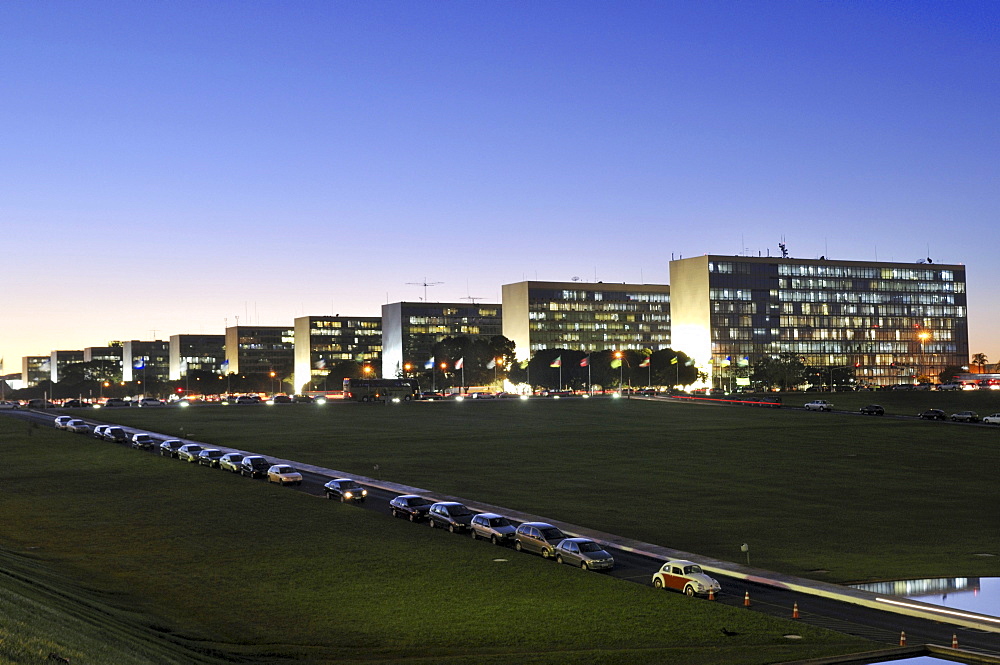 Ministries at the Esplanada dos Ministerios in the evening light, architect Oscar Niemeyer, Brasilia, Distrito Federal state, Brazil, South America