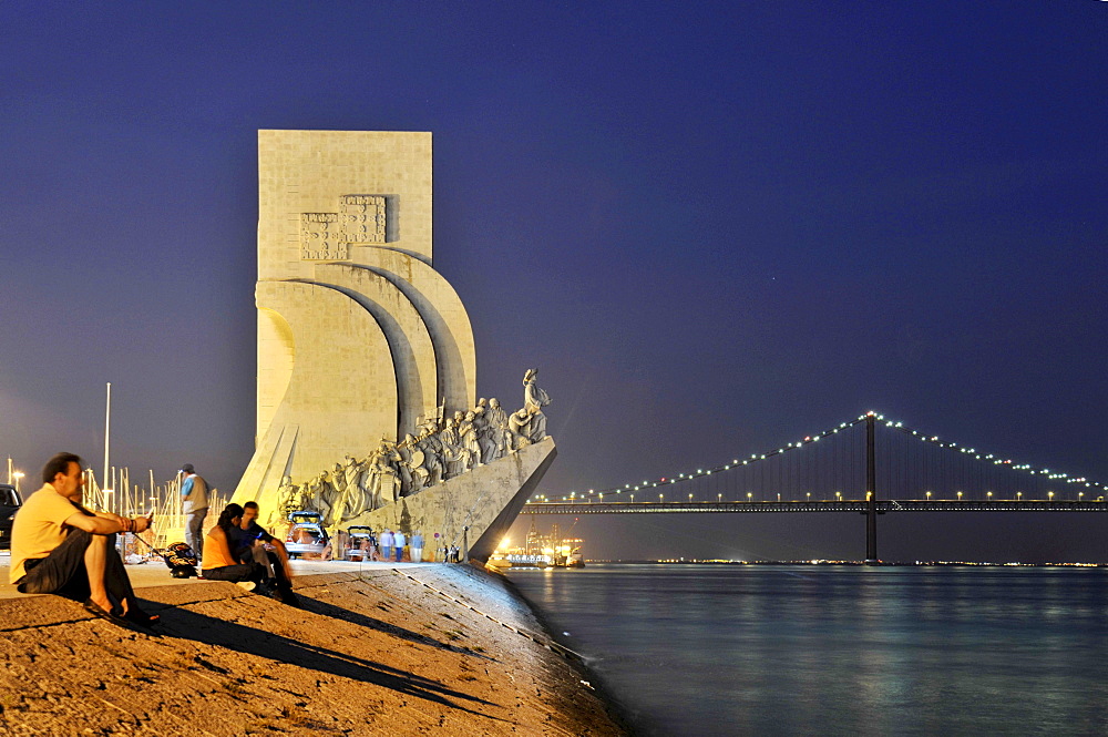 Monument to the Discoveries, Padrao dos Descobrimentos, with great people of the Portuguese seafaring history, on the estuary of the Tagus river, Belem, Lisbon, Portugal, Europe