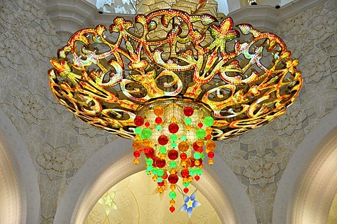 Ceiling chandeliers in the prayer hall of the Sheikh Zayed Mosque, third largest mosque in the world, Abu Dhabi, United Arab Emirates, Arabia, Middle East, Orient