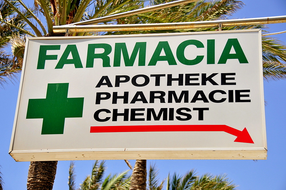 Sign "Farmacia/Pharmacy" at the Playa de Palma, El Arenal, Majorca, Balearic Islands, Spain, Europe