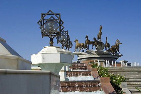 Monument of the 10th anniversary of Independence and Akhal-teke horses fountain, Ashgabat, Turkmenistan