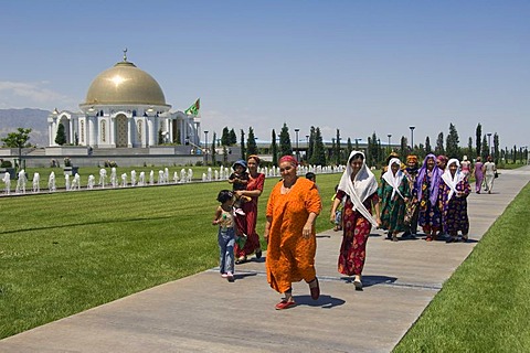 Ashgabat, women in front of the Mausoleum of President Turkmenbasy, Turkmenistan