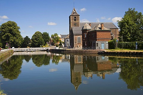 Houdeng Aimeries, church and swinging bridge, Canal du Centre, Unesco World Heritage Site, Hainaut Province, Belgium