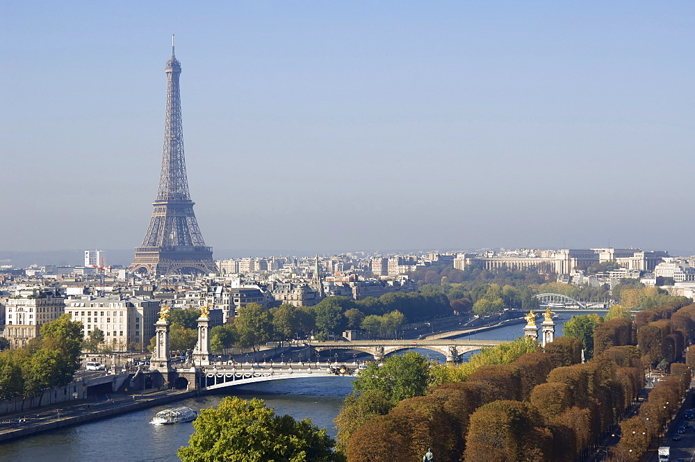 Pont Alexandre III, Alexander III bridge, view over the Seine river and the Eiffel Tower, Paris, France, Europe