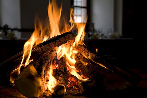 Open fire in an old kitchen