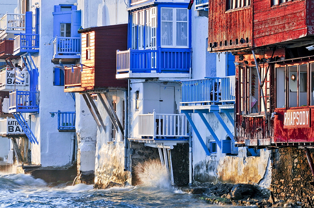 House facades at the ocean, colored wooden balconies "Little Venice", Mykonos, Cyclades, Greece, Europe