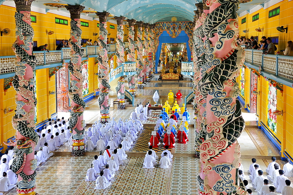 Ceremonial midday prayer in the Cao Dai temple, Tay Ninh, Vietnam, Asia