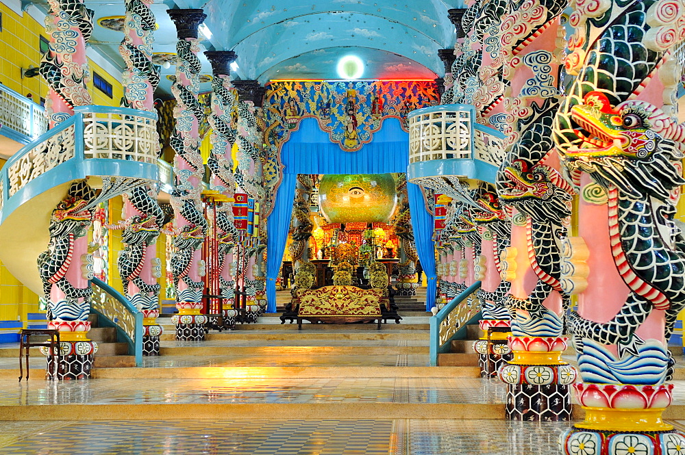 Atrium and altar with the sanctuary in the Cao Dai Temple, Tay Ninh, Vietnam, Asia