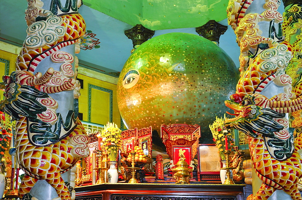 Altar with the sanctuary in the Cao Dai Temple, Tay Ninh, Vietnam, Asia