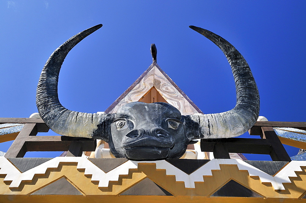 Buffalo head sculpture, big horns, Crazy House Hotel, Hang Nga Guesthouse, Dalat, Central Highlands, Vietnam, Asia