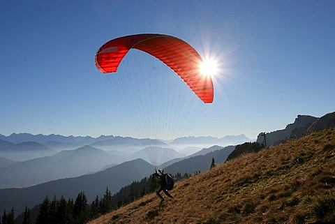 Paraglider in the Bavarian pre-Alps region Brauneck, Lenggries, Bavaria, Germany