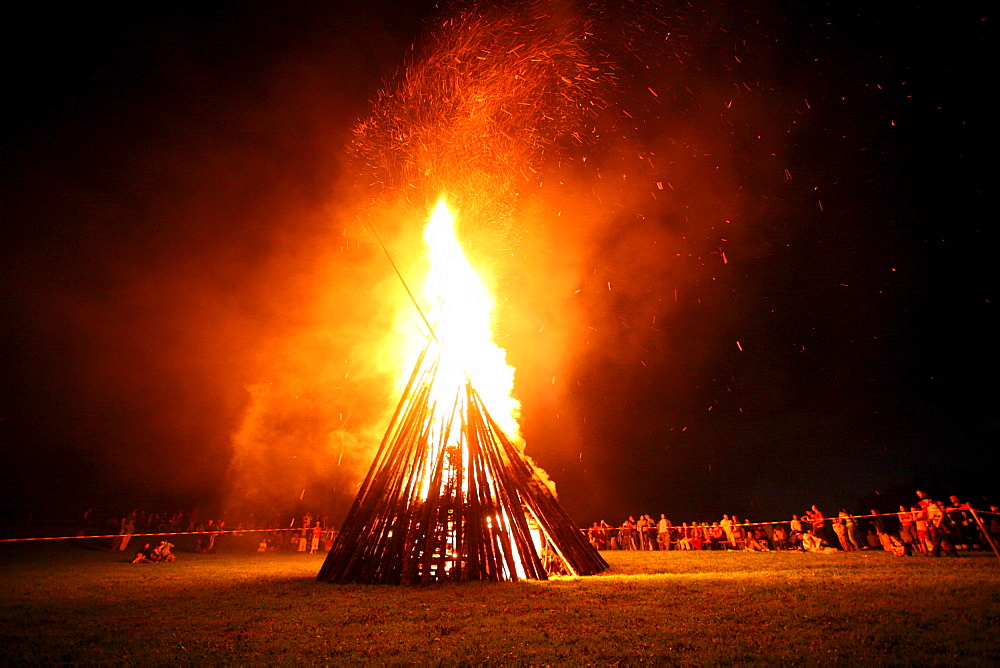 Bonfire for the celebration of midsummer night in Peretshofen, community Dietramszell, district of Bad Toelz Wolfratshausen Bavaria, Germany, Europe