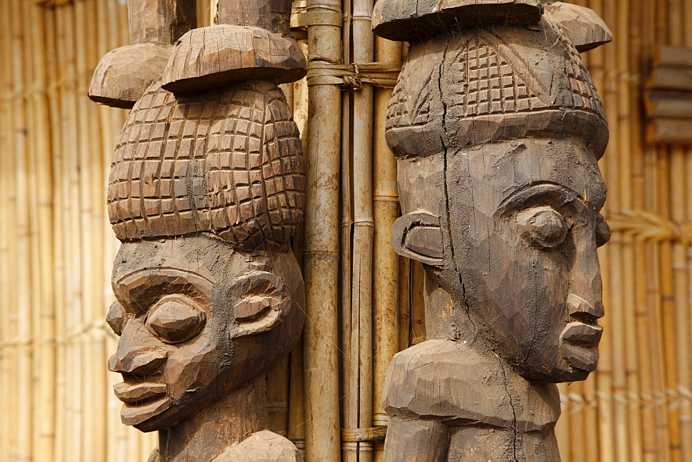 Wooden columns in the Tam-Tam House, Foumban, Cameroon, Africa