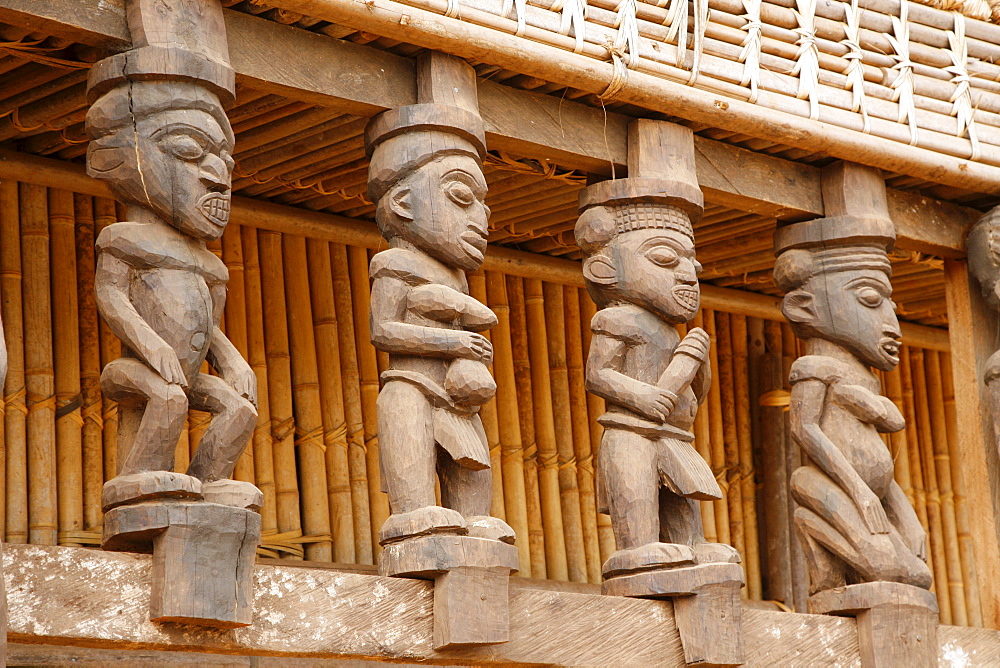 Wooden columns in the Tam-Tam House, Foumban, Cameroon, Africa