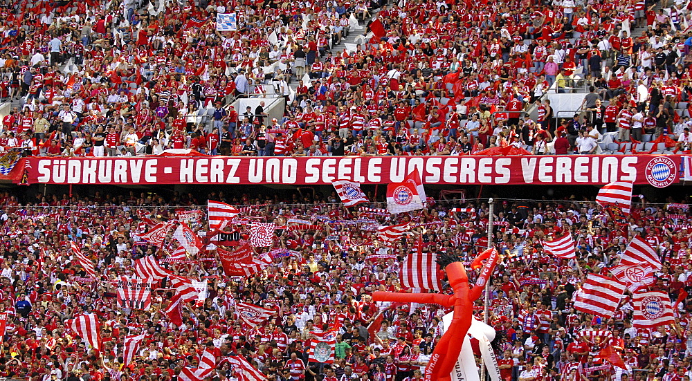 FC Bayern Muenchen fans, south bank of the Allianz Arena, Munich, Bavaria, Germany, Europe