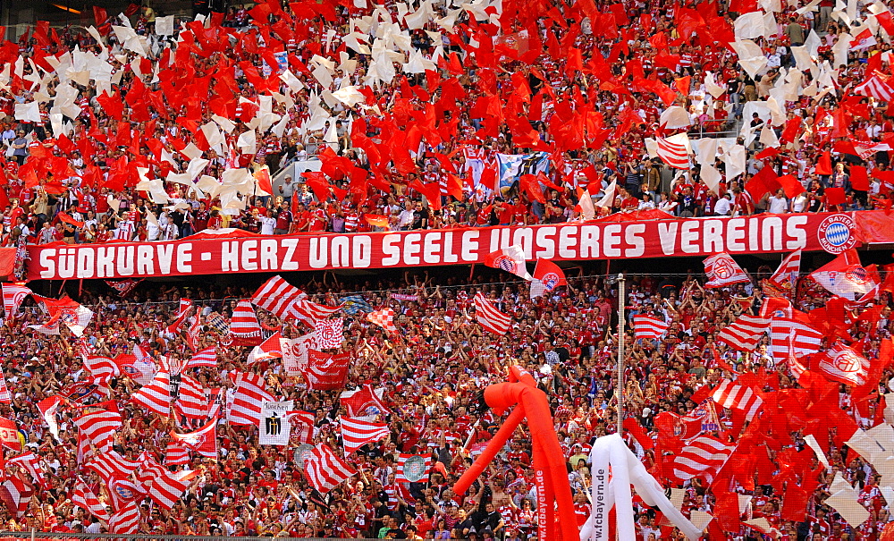 FC Bayern Muenchen fans, south bank of the Allianz Arena, Munich, Bavaria, Germany, Europe