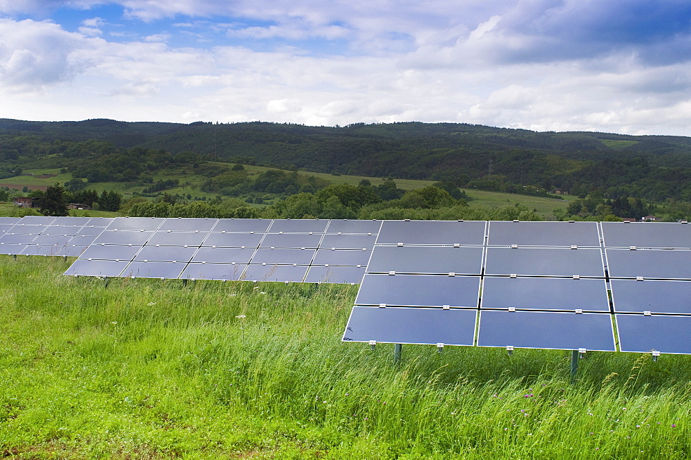 Photovoltaic, modules directed on different stands or racks on green meadow