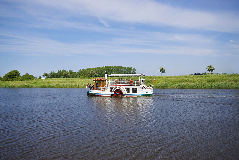 Paddle steamer Concordia II on Harle River, Carolinensiel, East Frisia, Lower Saxony, Germany, Europe