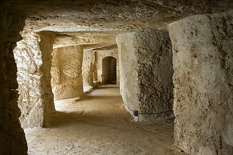 Rock corridor of Eurialo castle near Syracus, Sicily, Italy