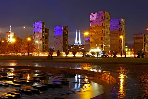 Nikolaikirche Church between the remains of the Palast der Republik, during the Festival of Light in Berlin, Germany