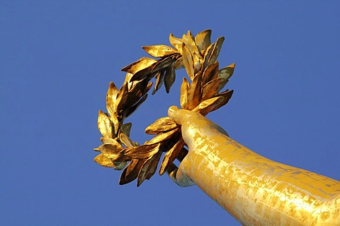 Hand with a bay wreath, statue of Victoria on Siegessaeule, Berlin Victory Column, Berlin, Germany, Europe