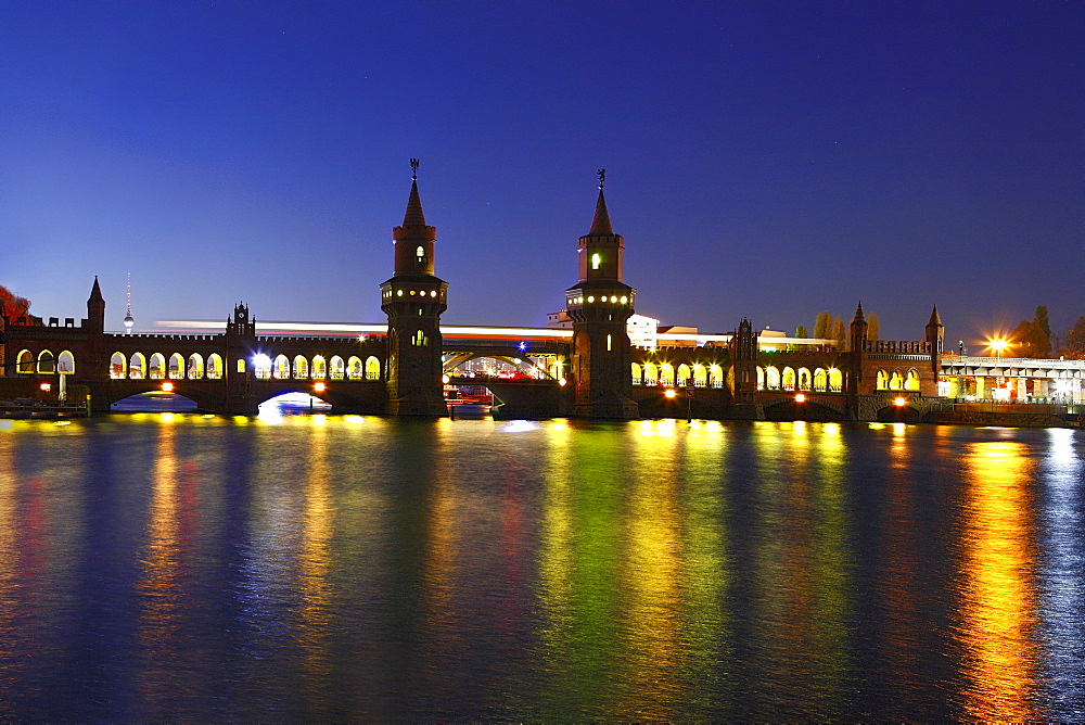 Oberbaumbruecke bridge across the Spree river during the Festival of Lights in Berlin, Germany, Europe
