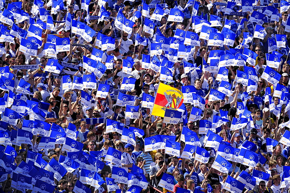 Karlsruher SC fan block with Baden flag, Wildpark Stadium Karlsruhe, Baden-Wuerttemberg, Germany, Europe