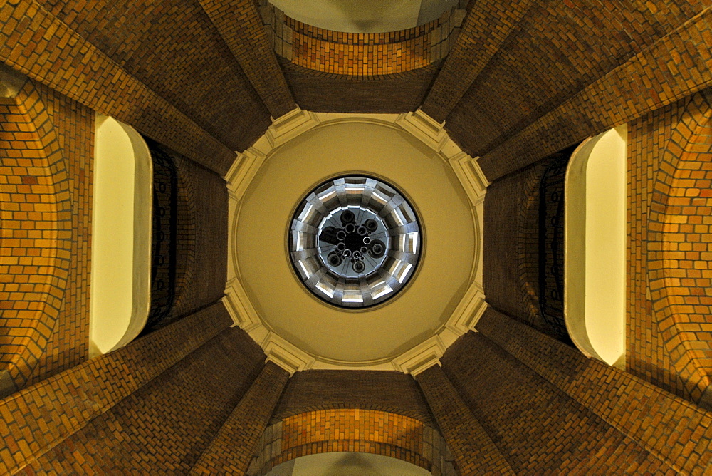 View from below into the bell tower of the French Cathedral on the Gendarmenmarkt square in Berlin, Germany, Europe