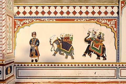 Mural with decorated elephants, Rajasthan, North India, South Asia