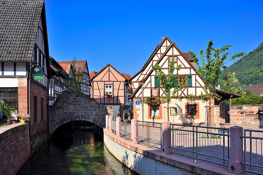 View to the Schipkapass alleyway with the river Queich and remnants of the old city walls, Naturpark Pfaelzerwald nature reserve, Palatinate, Rhineland-Palatinate, Germany, Europe
