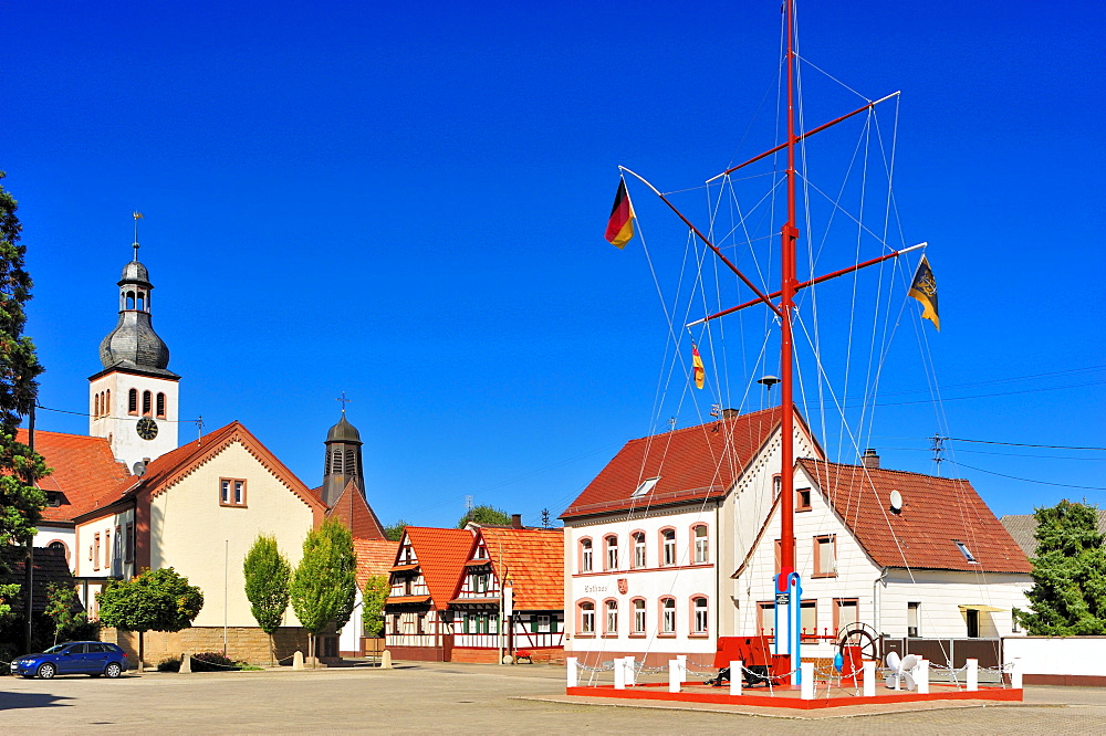 Town hall square with Schiffermast ship's mast, protestant parish church and catholic church of St. Remigius, Neuburg am Rhein, Palatinate, Rhineland-Palatinate, Germany, Europe