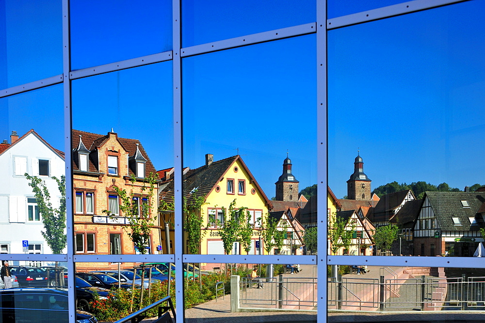 New town hall reflective facade, Annweiler, Naturpark Pfaelzerwald nature reserve, Palatinate, Rhineland-Palatinate, Germany, Europe