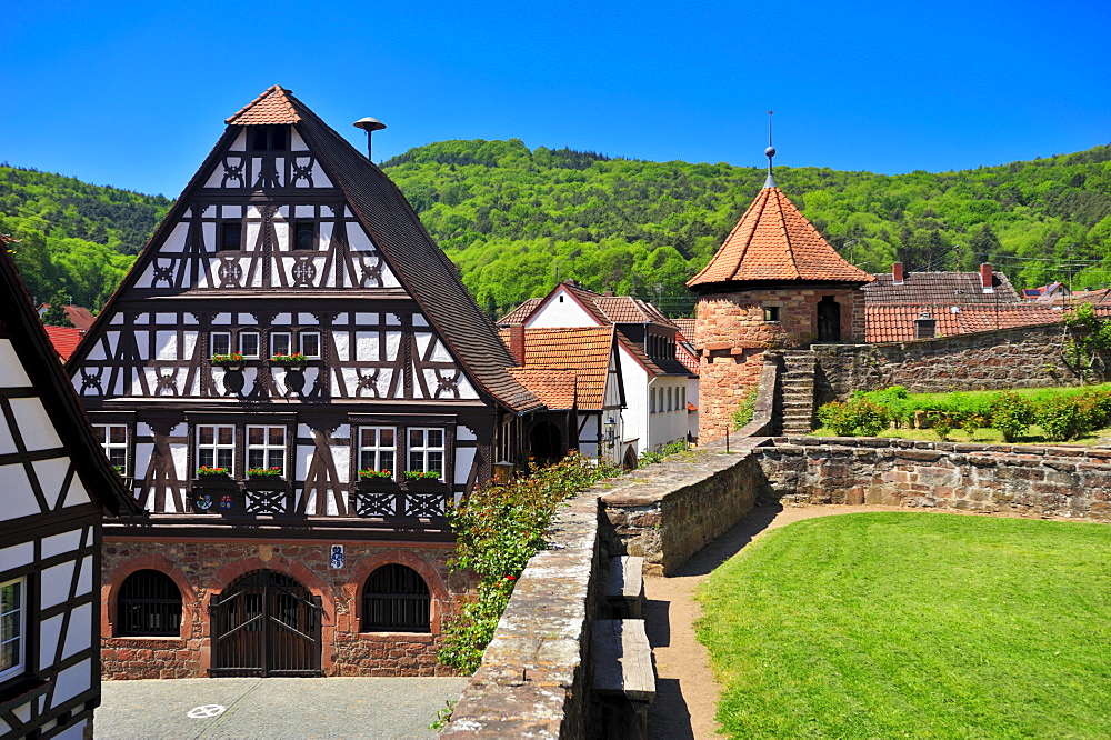 Half-timbered town hall with cemetery fortification, Doerrenbach, Naturpark Pfaelzerwald nature reserve, Palatinate, Rhineland-Palatinate, Germany, Europe