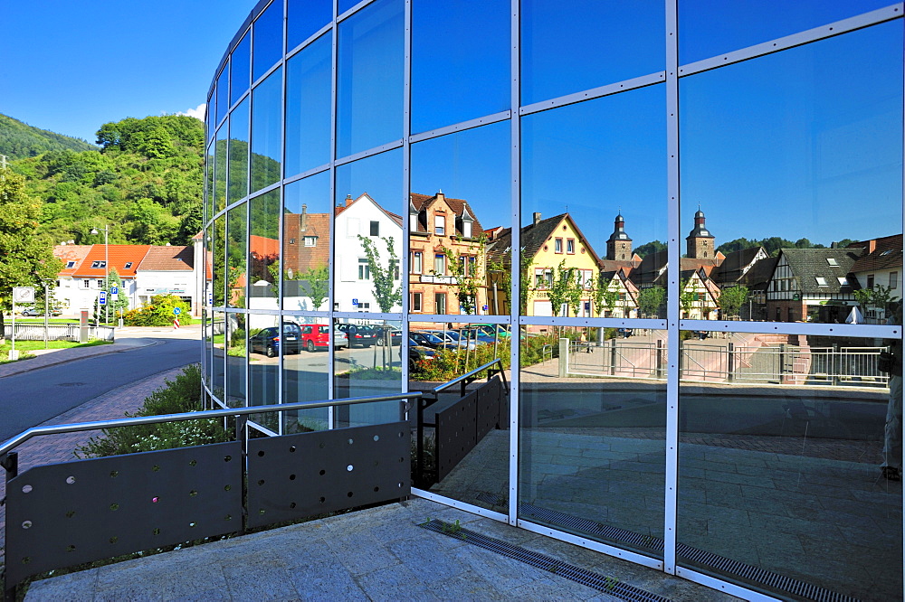 New town hall reflective facade, Annweiler, Naturpark Pfaelzerwald nature reserve, Palatinate, Rhineland-Palatinate, Germany, Europe