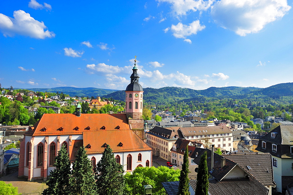 Panoramic view of the city with collegiate church, Baden-Baden, Black Forest, Baden-Wuerttemberg, Germany, Europe