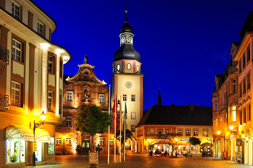 Market square with town hall and town hall tower, Ettlingen, Germany, Black Forest, Baden-Wuerttemberg, Germany, Europe