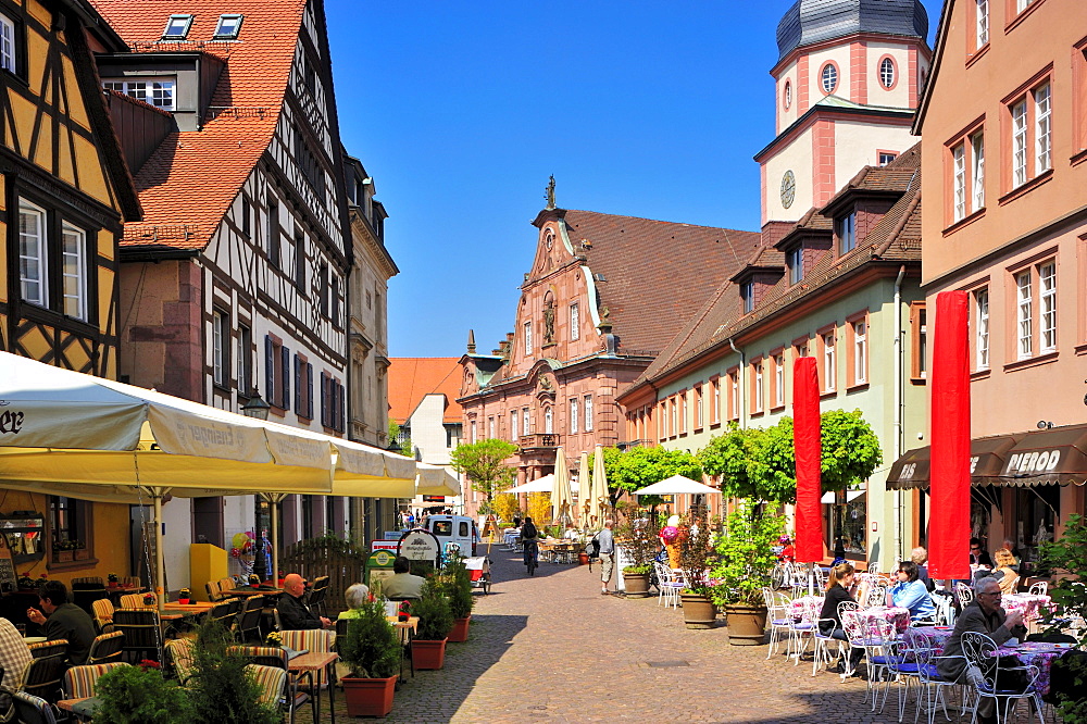 Kirchenplatz church square with town hall and town hall tower, Ettlingen, Germany, Black Forest, Baden-Wuerttemberg, Germany, Europe