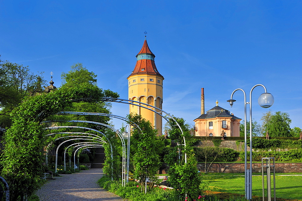 Water tower with Pagodenburg garden palace, Rastatt, Black Forest, Baden-Wuerttemberg, Germany, Europe