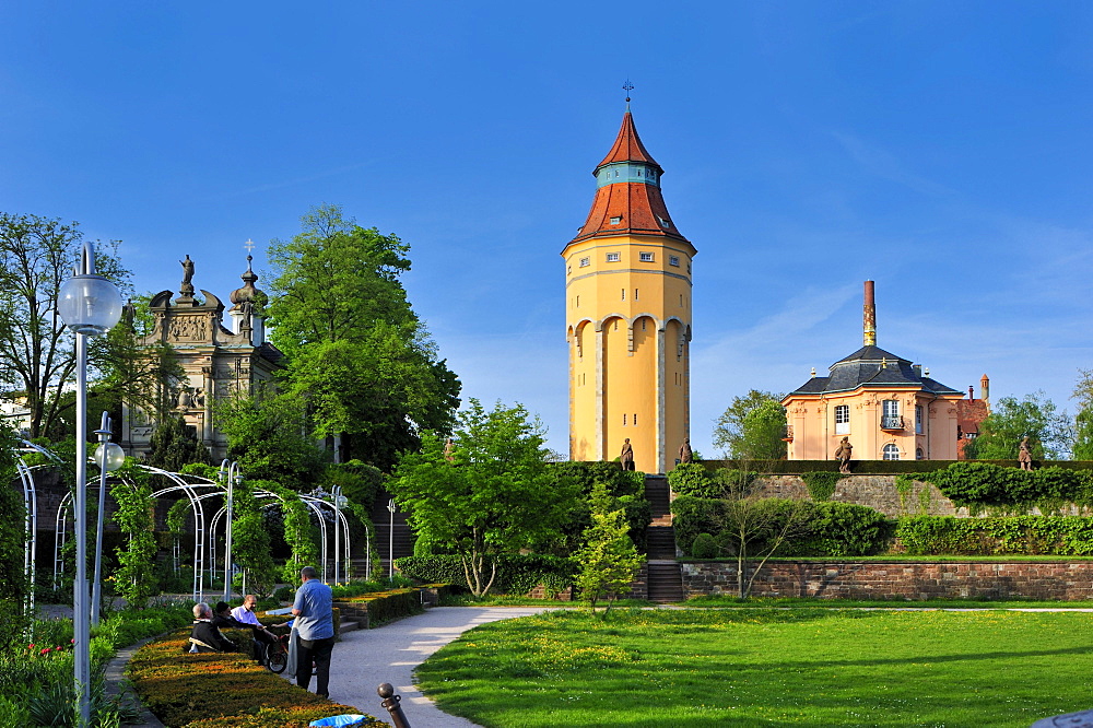 Water tower with Pagodenburg garden palace, Rastatt, Black Forest, Baden-Wuerttemberg, Germany, Europe