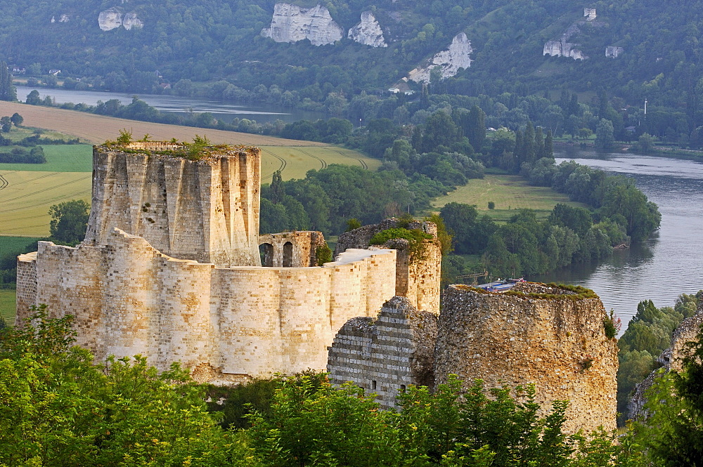 Meander of the Seine river and Galliard Castle, Chateau-Gaillard, Les Andelys, Seine valley, Normandy, France, Europe