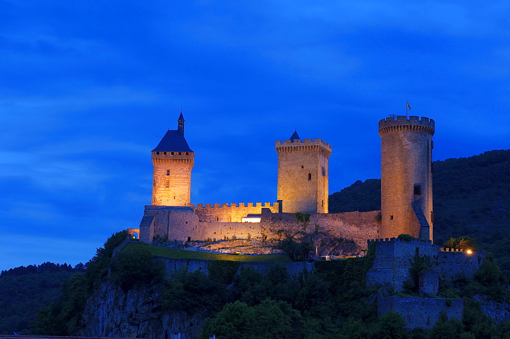 Castle of Foix, Chateau de Foix, at dusk, Cathar country, Ariege, Midi Pyrenees, France, Europe